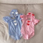 【73-120cm】水着 ハート チェック ロンパース+帽子 - 画像 (12)