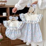 【66-140cm】ロンパースorワンピース ブルー 花柄 姉妹服 - 画像 (13)