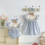 【66-140cm】ロンパースorワンピース ブルー 花柄 姉妹服