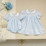 【66-130cm】ロンパースorワンピース ブルーフラワー刺繡 姉妹服 - 画像 (8)