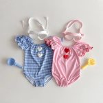 【73-120cm】水着 ハート チェック ロンパース+帽子 - 画像 (13)