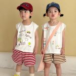 【80-150cm】セットアップ ノースリーブ トップス＆ボーダー パンツ - 画像 (2)