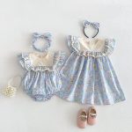 【66-140cm】ロンパースorワンピース ブルー 花柄 姉妹服 - 画像 (4)