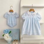 【66-130cm】ロンパースorワンピース ブルーフラワー刺繡 姉妹服 - 画像 (2)
