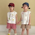 【80-150cm】セットアップ ノースリーブ トップス＆ボーダー パンツ - 画像 (4)