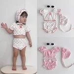 【73-100cm】水着 ベビー ボンネット付き ドット or チェック - 画像 (3)