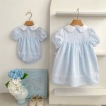 【66-130cm】ロンパースorワンピース ブルーフラワー刺繡 姉妹服 - 画像 (3)