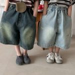【80-140cm】デニムパンツ 七分丈 ヴィンテージ加工 ダメージ - 画像 (9)