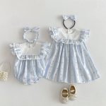 【66-140cm】ロンパースorワンピース ブルー ストライプ 姉妹服 - 画像 (5)