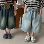 【80-140cm】デニムパンツ 七分丈 ヴィンテージ加工 ダメージ - 画像 (2)