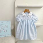 【66-130cm】ロンパースorワンピース ブルーフラワー刺繡 姉妹服 - 画像 (7)