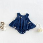 【66-90cm】ロンパース 蝶結び デニム ノースリーブ - 画像 (2)