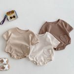 【66-90cm】ロンパース ワッフル ポケット付き 無地
