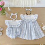 【66-140cm】ロンパースorワンピース ブルー ストライプ 姉妹服 - 画像 (10)