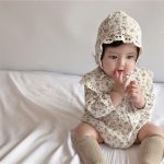 【66-90cm】長袖ロンパース レース付け 折り襟 小花柄 帽子付き - 画像 (15)
