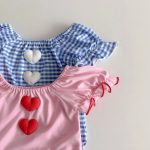 【73-120cm】水着 ハート チェック ロンパース+帽子 - 画像 (15)