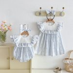 【66-140cm】ロンパースorワンピース ブルー ストライプ 姉妹服 - 画像 (2)