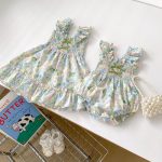 【66-90cm】ロンパースorワンピース ベビー 姉妹服 蝶結び フライングスリーブ 花柄 - 画像 (3)