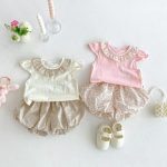 【66-100cm】セットアップ ベビー フリル襟トップス&フラワーパンツ