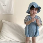 【66-100cm】ロンパース or Tシャツ ベビー 帽子付き デニム - 画像 (2)