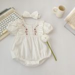 【66-90cm】ロンパース ベビー 刺繍入り ラウンドネック - 画像 (2)