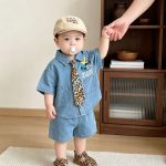 【73-120cm】セットアップ ベビー ネクタイ付き デニム - 画像 (2)