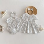 【66-140cm】ロンパースorワンピース ベビー 姉妹服 レースブルー花 - 画像 (6)