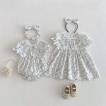 【66-140cm】ロンパースorワンピース ベビー 姉妹服 レースブルー花 - 画像 (2)