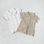 【66-90cm】ロンパース ベビー コットンシワ加工 半袖 折り襟