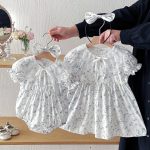 【66-140cm】ロンパースorワンピース ベビー 姉妹服 レースブルー花 - 画像 (11)