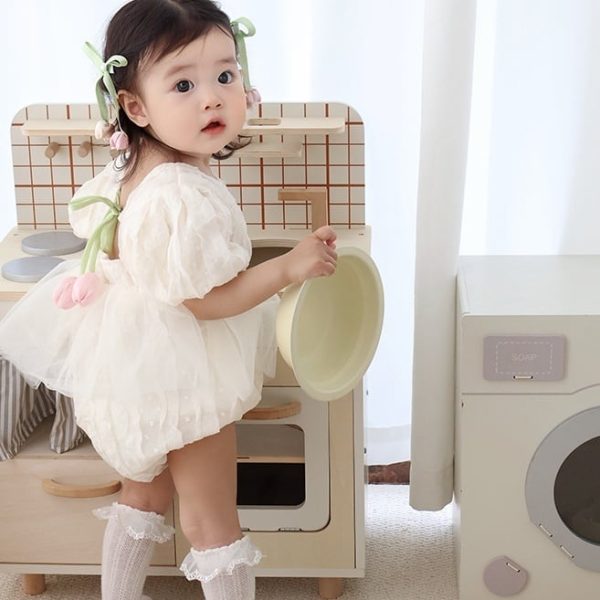 【66-90cm】ロンパース ベビー チューリップ パフスリーブ