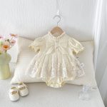 【66-90cm】ロンパース ベビー 蝶結び クリーム レース - 画像 (4)