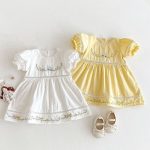 【80-130cm】ワンピース 女の子 刺繍 フラワー レース襟 バルーン袖