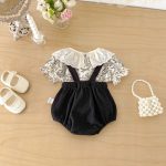 【66-100cm】セットアップ ブラック フラワー サロペット＆シャツ - 画像 (6)
