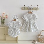 【66-140cm】ロンパースorワンピース ベビー 姉妹服 レースブルー花 - 画像 (7)