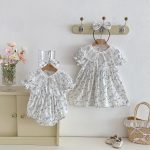 【66-140cm】ロンパースorワンピース ベビー 姉妹服 レースブルー花 - 画像 (3)