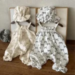 【66-100cm】ロンパース ベビー ハット付き リボン プリント キャミ