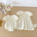 【66-130cm】ロンパースorワンピース ベビー 姉妹服 クリーム ダブル蝶結び - 画像 (7)