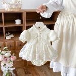 【66-90cm】ロンパース ベビー 蝶結び クリーム レース - 画像 (6)