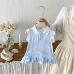 【73-100cm】ワンピース ベビー ノースリープ 折り襟 チェック柄 - 画像 (3)