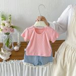 【73-100cm】トップスorショートパンツ ベビー 切り替え リボン付き - 画像 (5)