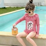 【90-140cm】水着 フリル チェック柄 リボン付き - 画像 (4)