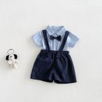 【73-100cm】セットアップ ベビー リボン付き シャツ＆オーバーオール - 画像 (2)