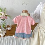 【73-100cm】トップスorショートパンツ ベビー 切り替え リボン付き - 画像 (4)
