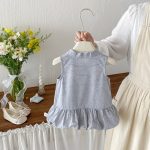 【73-100cm】ワンピース ベビー ノースリープ 折り襟 ボーダー柄 - 画像 (4)