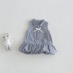 【73-100cm】ワンピース ベビー ノースリープ 折り襟 ボーダー柄 - 画像 (2)