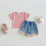 【73-100cm】トップスorショートパンツ ベビー 切り替え リボン付き - 画像 (3)