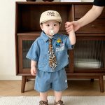 【73-120cm】セットアップ ベビー ネクタイ付き デニム - 画像 (3)