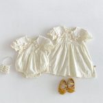 【66-130cm】ロンパースorワンピース ベビー 姉妹服 クリーム ダブル蝶結び