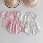 【73-120cm】セットアップ ベビー ポルカドットorチェック パフスリーブ